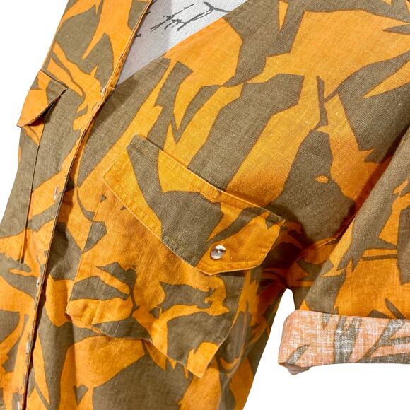 Vintage 90s TOTOnKO Orange Brown Cotton Linen Button-Up Boxy Top Campy Boho - Picture 4 of 9